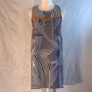 THML Navy White Print Sleeveless with Mustard Accents Sheath Dress XS 👍